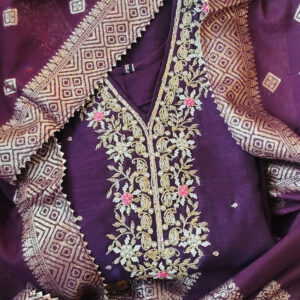 Purple Embroidered Straight Kurta Set | Festive 3-Piece Dola Silk